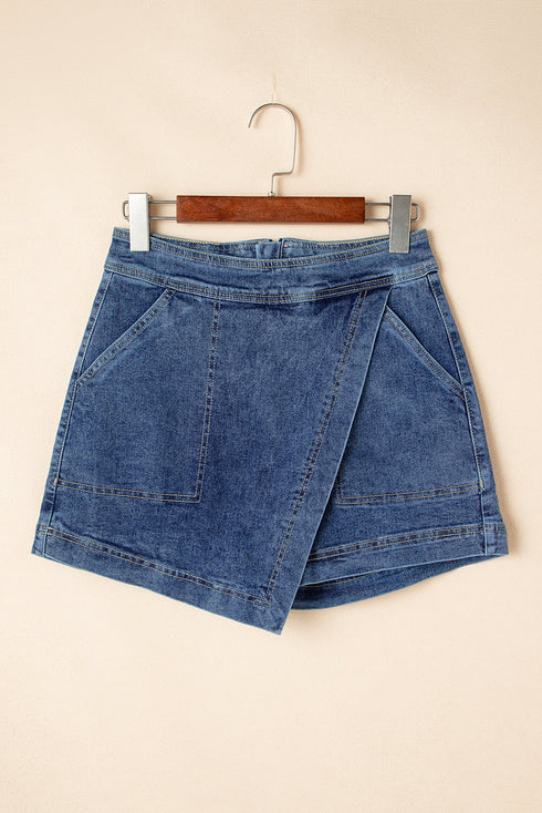 Solid Faux Wrap Front Mini Casual Denim Shorts