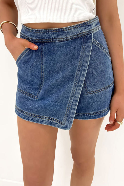 Solid Faux Wrap Front Mini Casual Denim Shorts