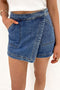Solid Faux Wrap Front Mini Casual Denim Shorts