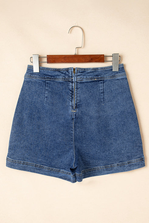 Solid Faux Wrap Front Mini Casual Denim Shorts