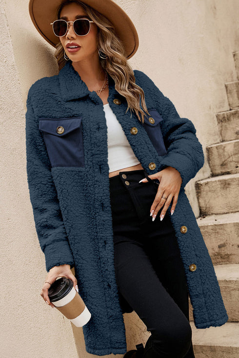 Solid Fleece Flap Pocket Single Breasted Teddy Coat