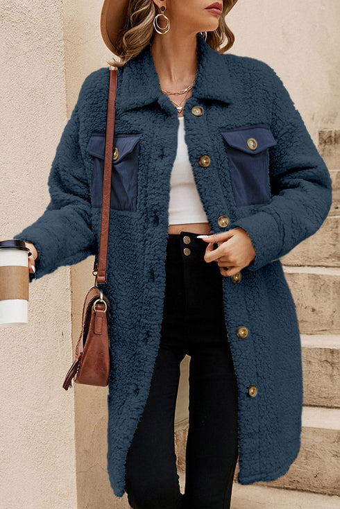 Solid Fleece Flap Pocket Single Breasted Teddy Coat