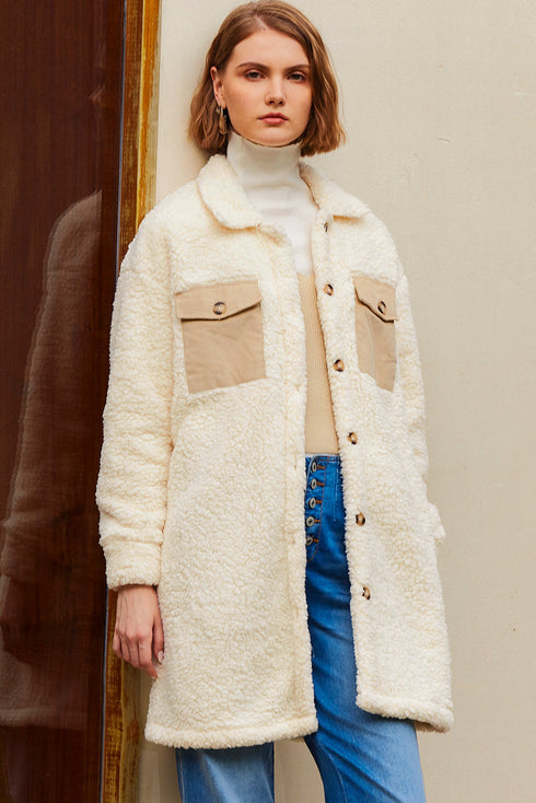 Solid Fleece Flap Pocket Single Breasted Teddy Coat