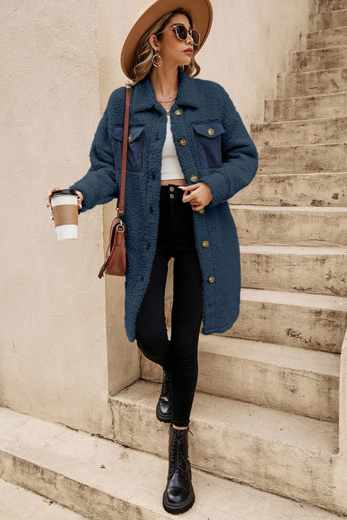 Solid Fleece Flap Pocket Single Breasted Teddy Coat