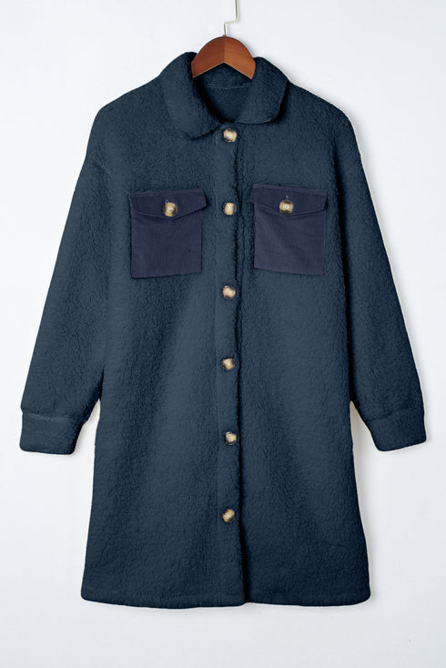Solid Fleece Flap Pocket Single Breasted Teddy Coat