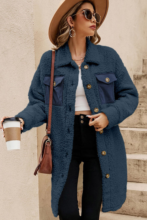 Solid Fleece Flap Pocket Single Breasted Teddy Coat