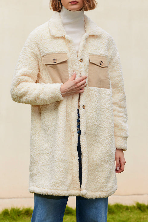 Solid Fleece Flap Pocket Single Breasted Teddy Coat