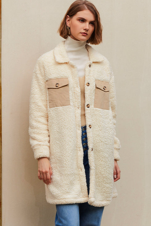 Solid Fleece Flap Pocket Single Breasted Teddy Coat