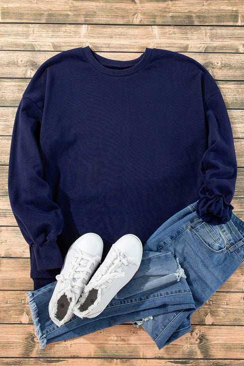 Solid Fleece Lined Drop Shoulder High Low Sweatshirt
