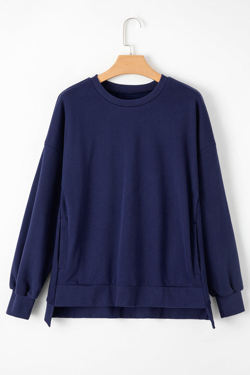 Solid Fleece Lined Drop Shoulder High Low Sweatshirt