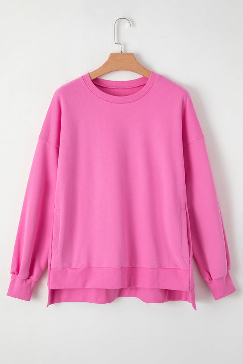 Solid Fleece Lined Drop Shoulder High Low Sweatshirt