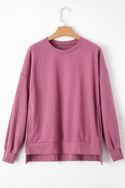 Solid Fleece Lined Drop Shoulder High Low Sweatshirt