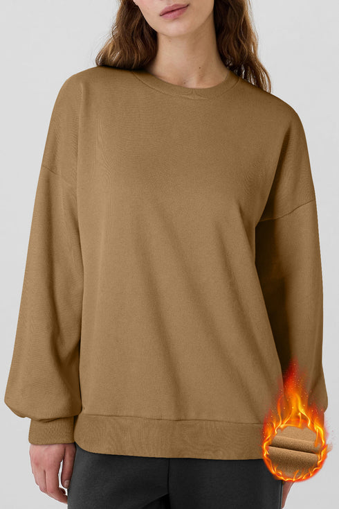 Solid Fleece Lined Drop Shoulder High Low Sweatshirt