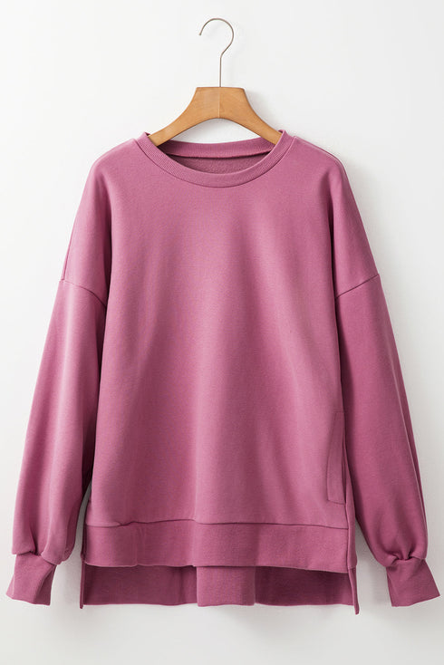 Solid Fleece Lined Drop Shoulder High Low Sweatshirt