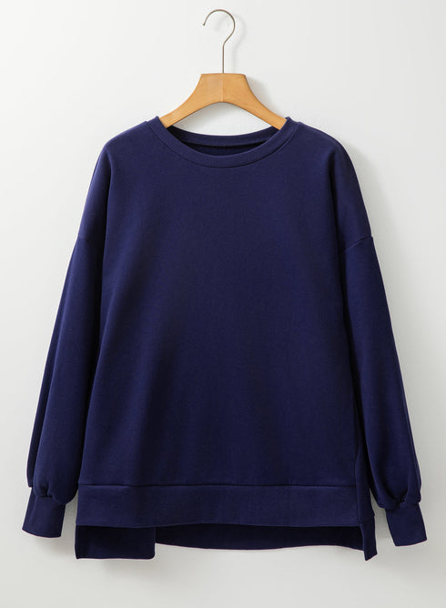 Solid Fleece Lined Drop Shoulder High Low Sweatshirt