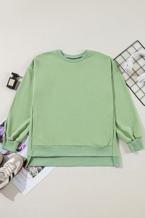 Solid Fleece Lined Drop Shoulder High Low Sweatshirt