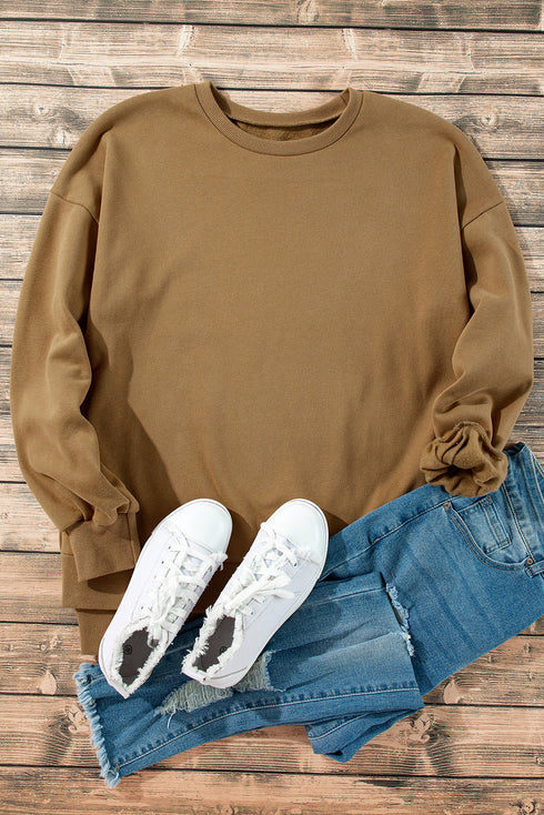 Solid Fleece Lined Drop Shoulder High Low Sweatshirt