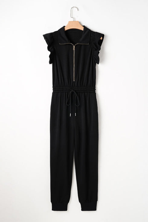 Solid Flutter Sleeve Front Zipper Drawstring Waist Jumpsuit