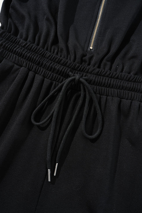 Solid Flutter Sleeve Front Zipper Drawstring Waist Jumpsuit