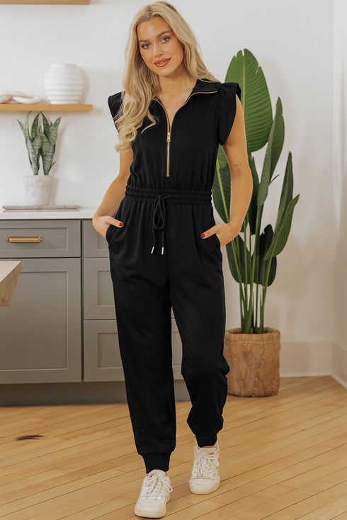 Solid Flutter Sleeve Front Zipper Drawstring Waist Jumpsuit