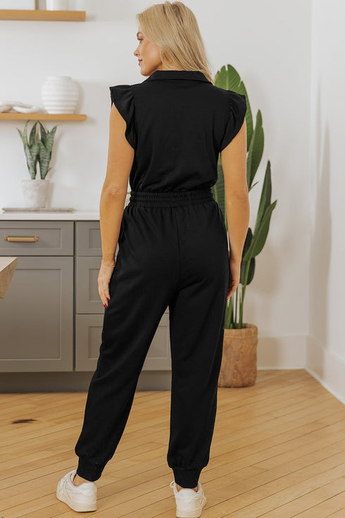 Solid Flutter Sleeve Front Zipper Drawstring Waist Jumpsuit