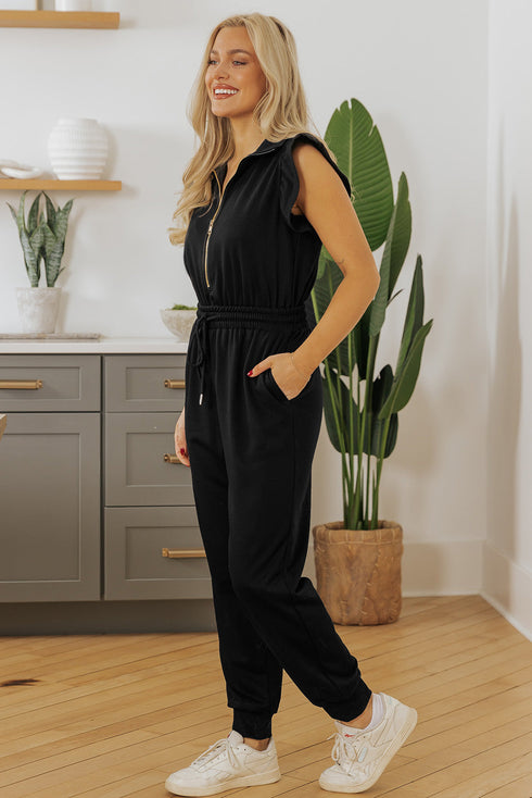 Solid Flutter Sleeve Front Zipper Drawstring Waist Jumpsuit