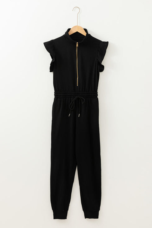 Solid Flutter Sleeve Front Zipper Drawstring Waist Jumpsuit
