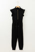 Solid Flutter Sleeve Front Zipper Drawstring Waist Jumpsuit