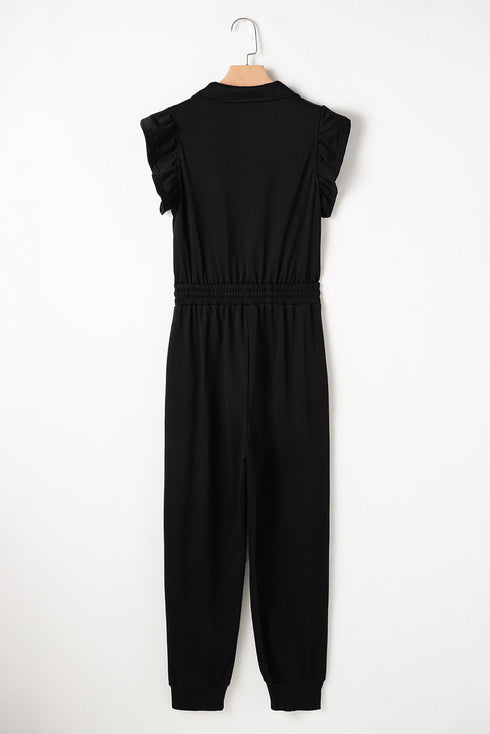Solid Flutter Sleeve Front Zipper Drawstring Waist Jumpsuit