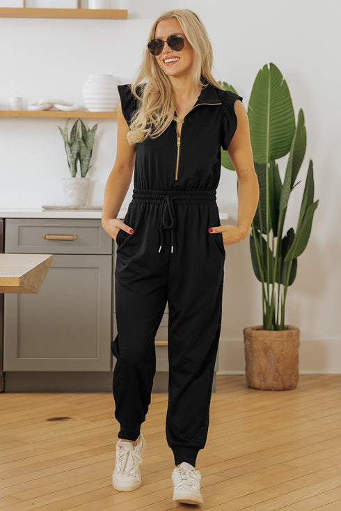 Solid Flutter Sleeve Front Zipper Drawstring Waist Jumpsuit