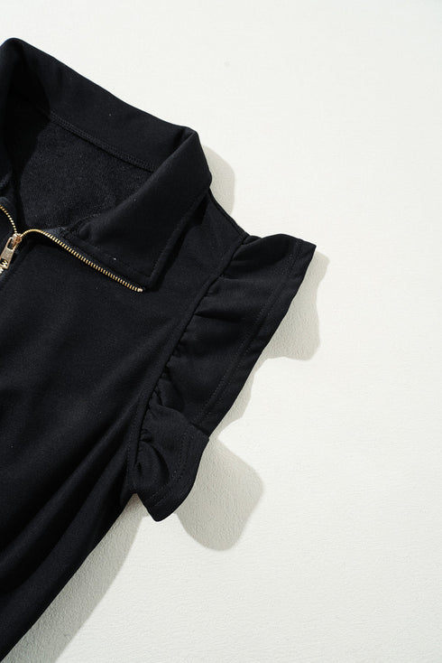 Solid Flutter Sleeve Front Zipper Drawstring Waist Jumpsuit