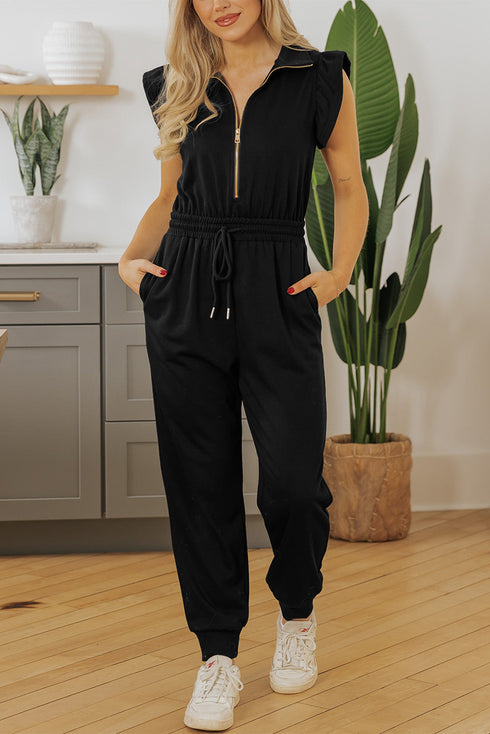 Solid Flutter Sleeve Front Zipper Drawstring Waist Jumpsuit