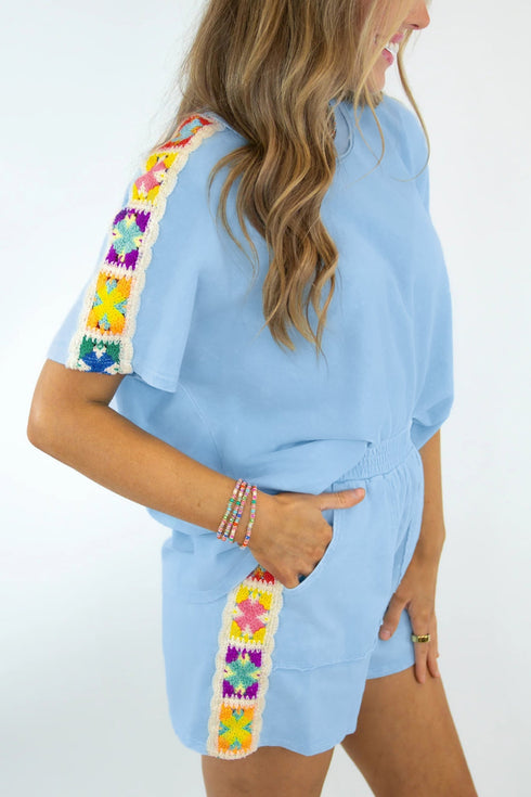 Solid Granny Square Crochet Patchwork Detail Short Set