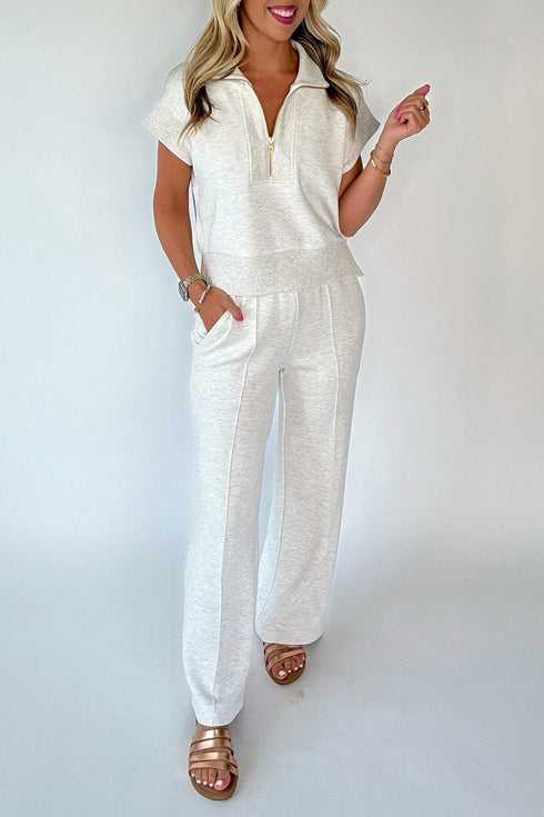 Solid Half Zip Polo Wide Leg Pant Set