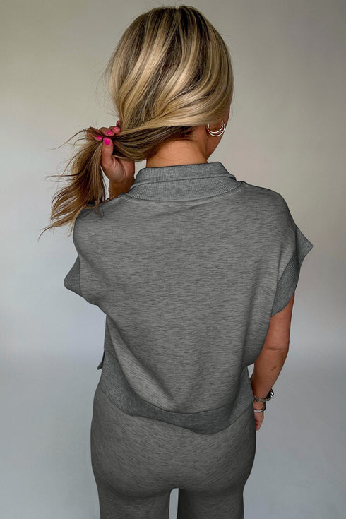 Solid Half Zip Polo Wide Leg Pant Set