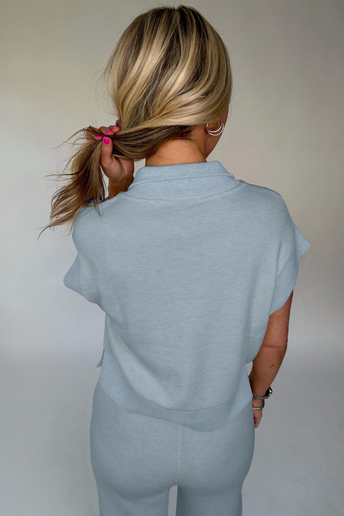 Solid Half Zip Polo Wide Leg Pant Set