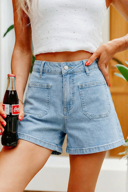 Solid High Rise Patch Pocket Denim Shorts