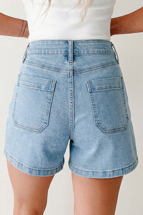 Solid High Rise Patch Pocket Denim Shorts