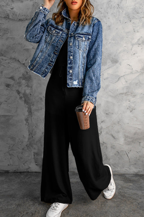 Solid High Waist Drawstring Spaghetti Strap Wide Leg Jumpsuit