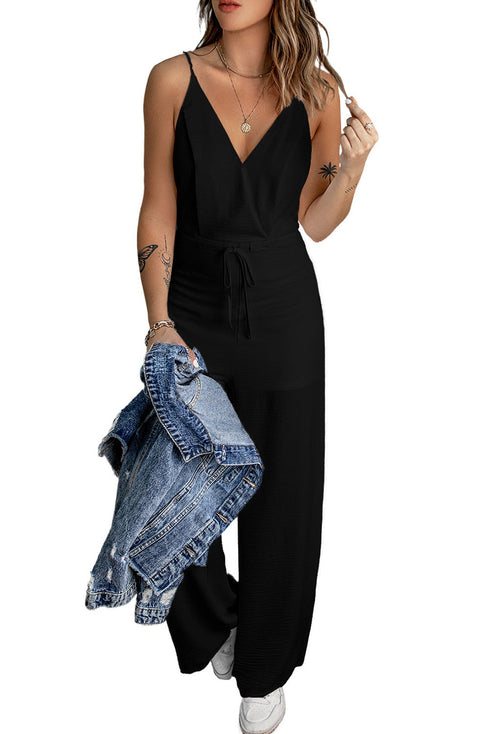 Solid High Waist Drawstring Spaghetti Strap Wide Leg Jumpsuit