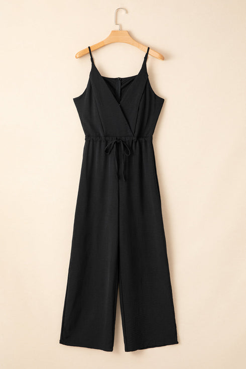 Solid High Waist Drawstring Spaghetti Strap Wide Leg Jumpsuit