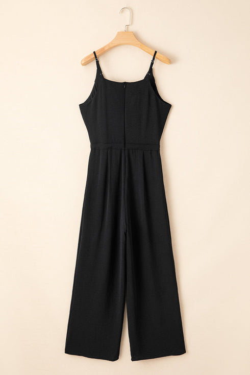 Solid High Waist Drawstring Spaghetti Strap Wide Leg Jumpsuit