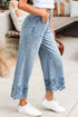 Solid High Waist Embroidered Cropped Wide Leg Jeans