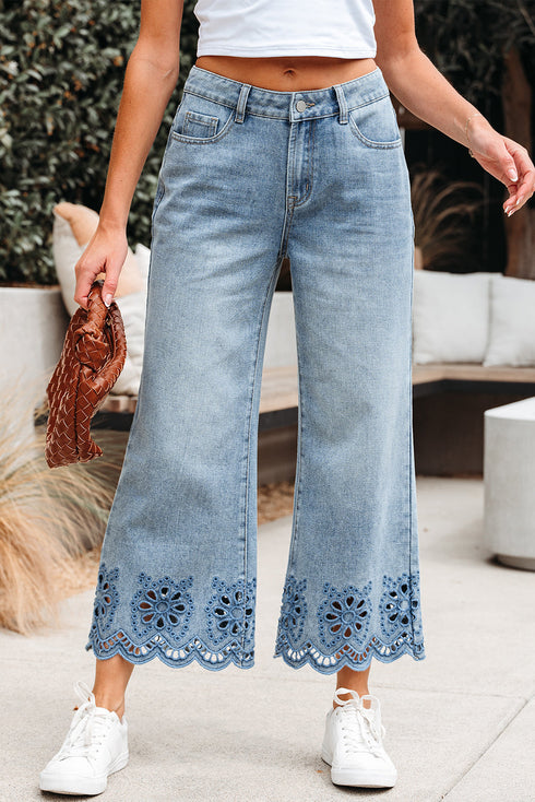 Solid High Waist Embroidered Cropped Wide Leg Jeans