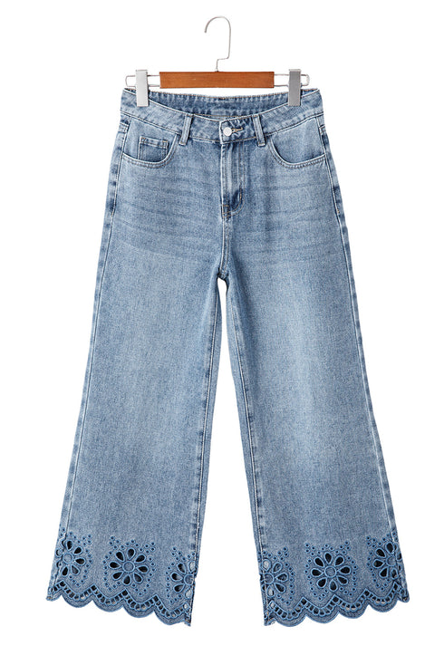 Solid High Waist Embroidered Cropped Wide Leg Jeans