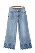 Solid High Waist Embroidered Cropped Wide Leg Jeans