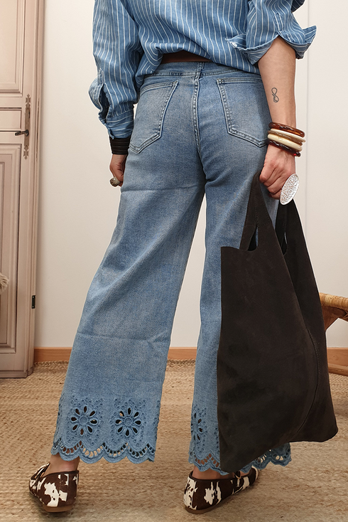 Solid High Waist Embroidered Cropped Wide Leg Jeans
