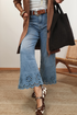 Solid High Waist Embroidered Cropped Wide Leg Jeans