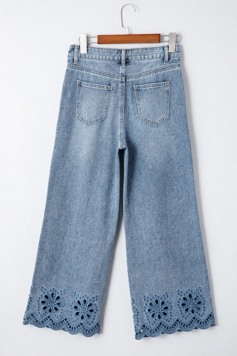 Solid High Waist Embroidered Cropped Wide Leg Jeans