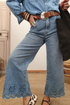 Solid High Waist Embroidered Cropped Wide Leg Jeans